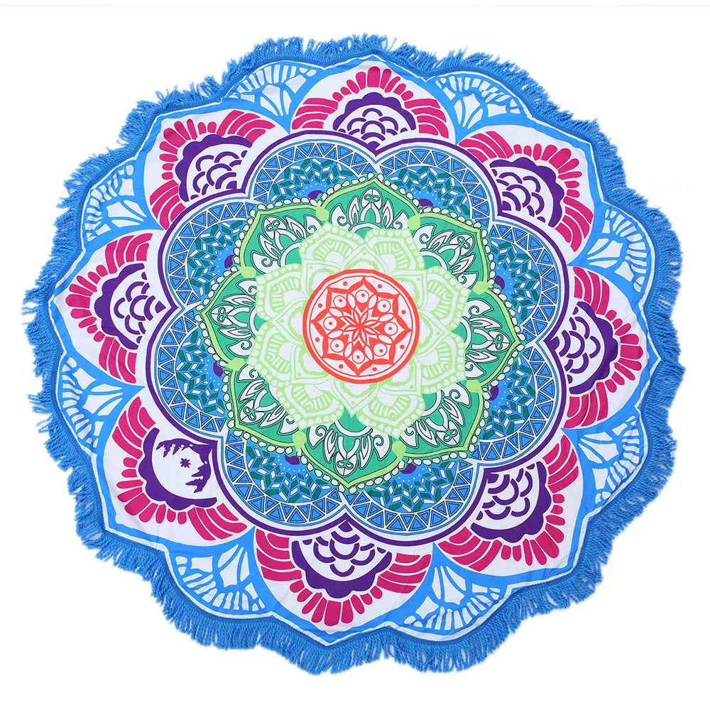 Round printed polyester towel mat for beach, yoga, and home decor with vibrant 3D patterns