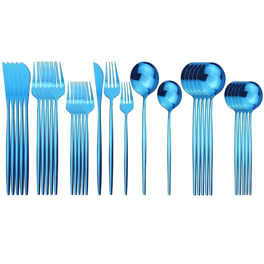 36-piece stainless steel cutlery set with mirror-polished table knives, forks, spoons, dessert forks, and dessert spoons arranged for six place settings