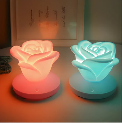 Mini rose night light with ABS base and PVC soft petals, 10 x 10 x 9.6 cm, USB rechargeable, touch dimmable, in pink