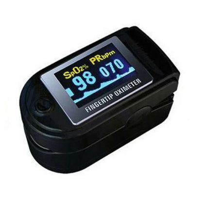Fingertip pulse oximeter with plastic housing and LCD display for oxygen saturation measurements