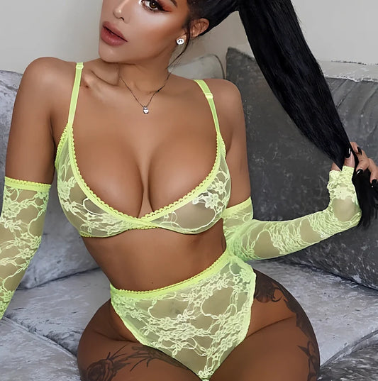 Women's fluorescent green three-point strap lingerie set with adjustable straps