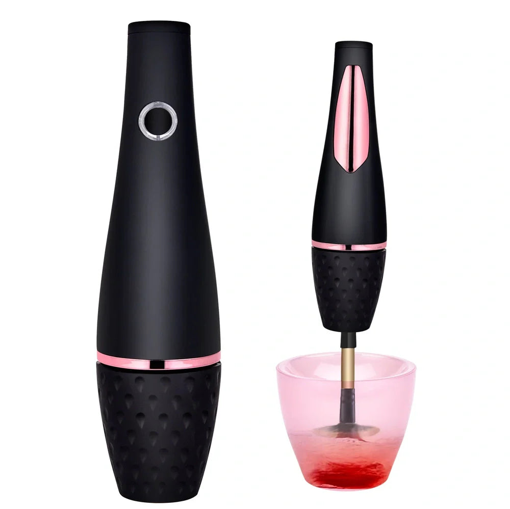 Black makeup brush cleaner with ultrasonic technology measuring 16×13×12 cm