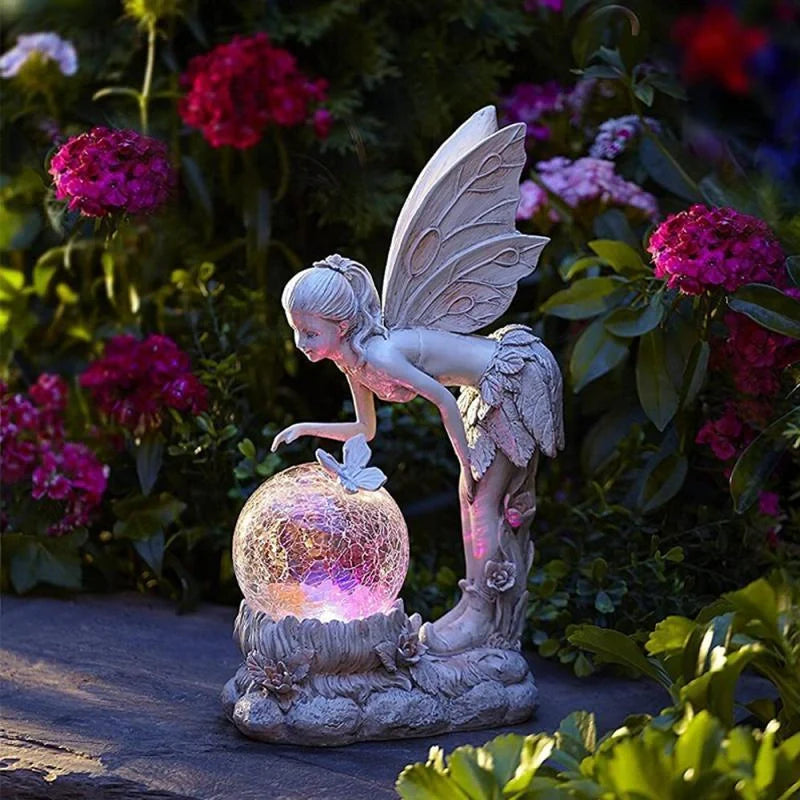 European-style flower fairy resin statue holding glass ball, perfect for garden and home decor
