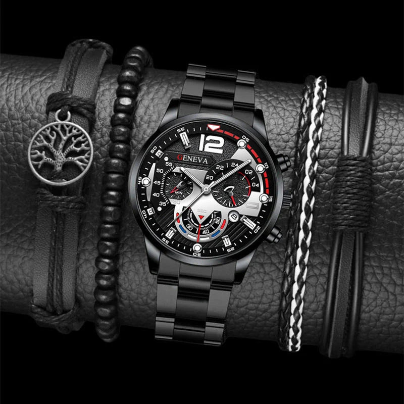 Men's stainless steel watch and coordinating bracelet set in various color options