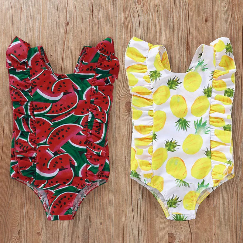 Kids' printed sleeve one-piece swimsuit in red and yellow, sizes 80cm to 120cm