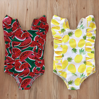 Printed sleeve one-piece girls swimsuit in Red or Yellow, Polyester, sizes 80-120cm