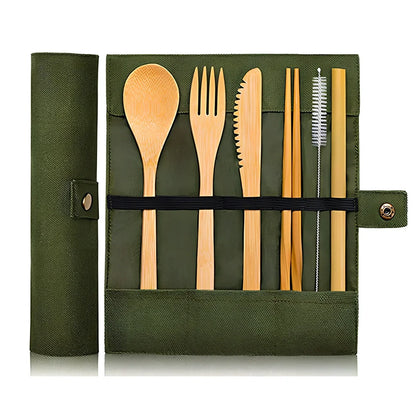 Green black reusable bamboo utensils set including 20cm spoon fork knife straw chopsticks brush and 22x19cm pouch for travel