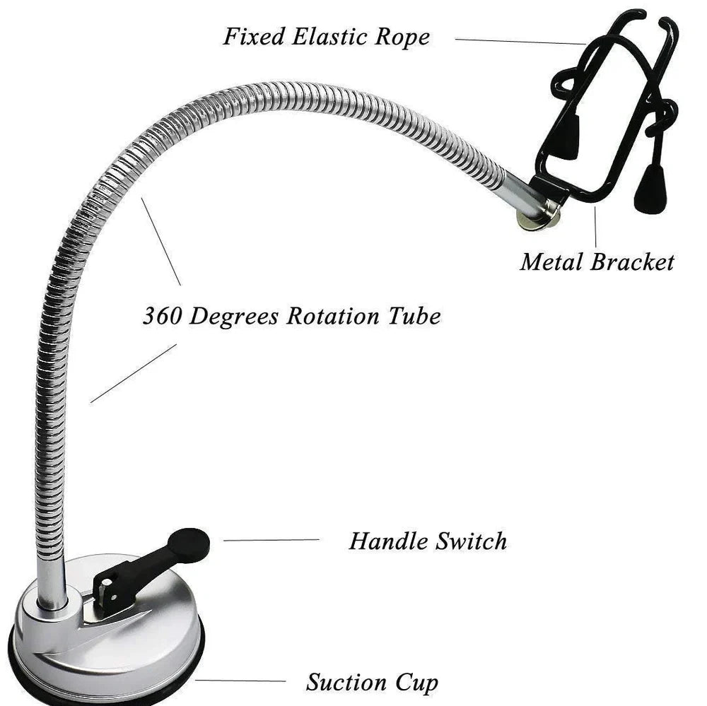 Stainless steel hair dryer holder with suction cup base showing 360-degree rotation capability