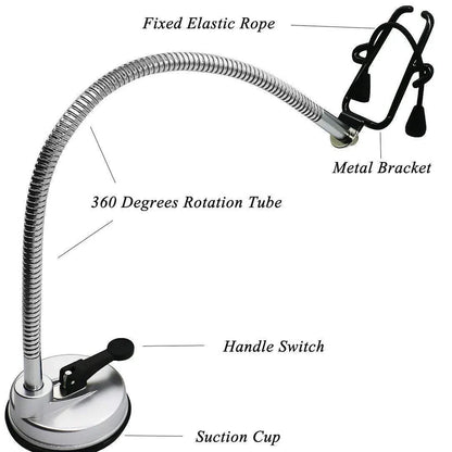 Stainless steel hair dryer holder with suction cup base showing 360-degree rotation capability
