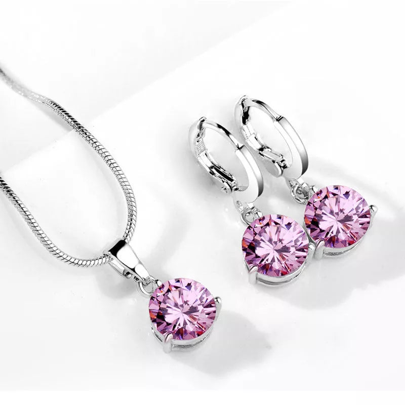 Water Drop Necklace and Earring Set with zircon gemstones in various colors