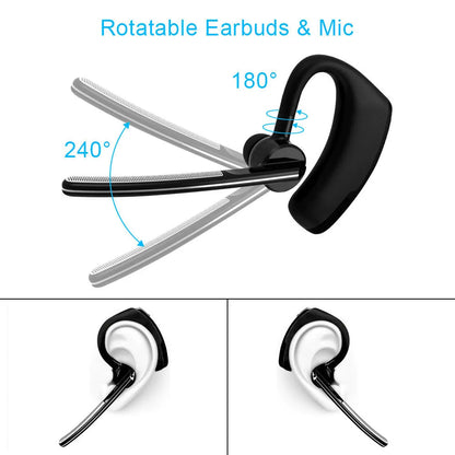 V9 Bluetooth wireless stereo headset with microphone shown in use for hands-free calling.
