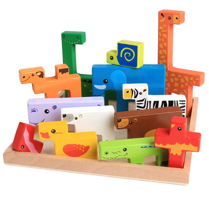 Beech wood animal stacking blocks for children aged 3+, showing interlocking animal shapes in natural wood finish