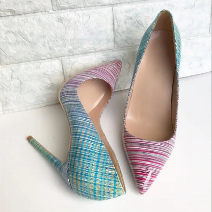 Ladies' colourful gradient patent leather heels with pointed toe and sheepskin insole, available in 8cm, 10cm, and 12cm heel heights.