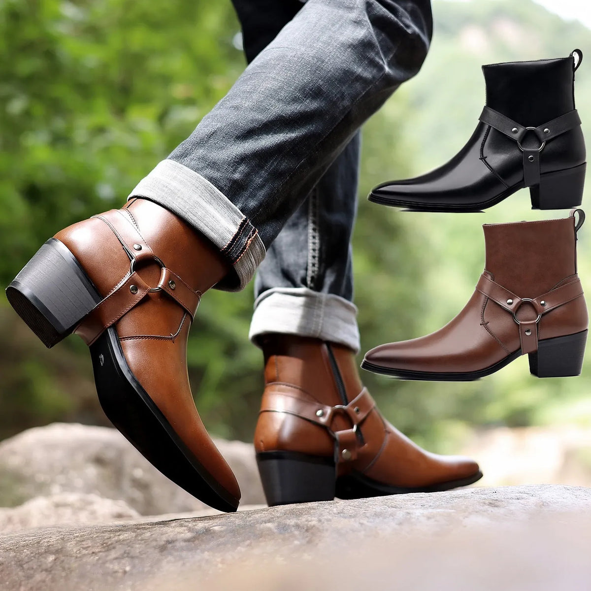 Men's and women's chain detail boots with square toe and side zipper in frosted finish