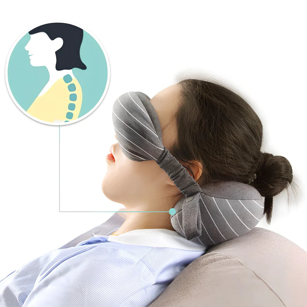 Dark grey two-in-one pillow showing neck support position and eye mask function with 24cm length measurement