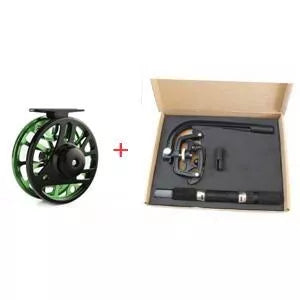 Fly fishing wheel with aluminum coil in blue, black, or green for precision casting