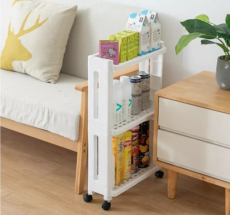 Wheeled kitchen storage rack in white and grey, offering space-saving organization with durable PP plastic construction.