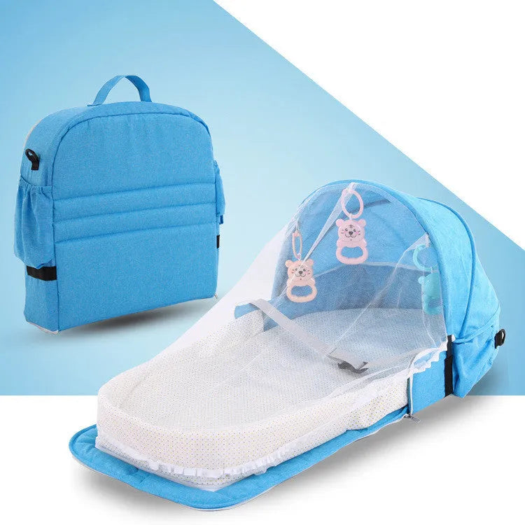 Portable foldable baby bed with mosquito net, cotton linen fabric, unfolded 88x45x12.5cm