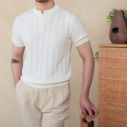 Men's beige cotton short-sleeve T-shirt with a Henry collar and a subtle sunken stripe knitted pattern.