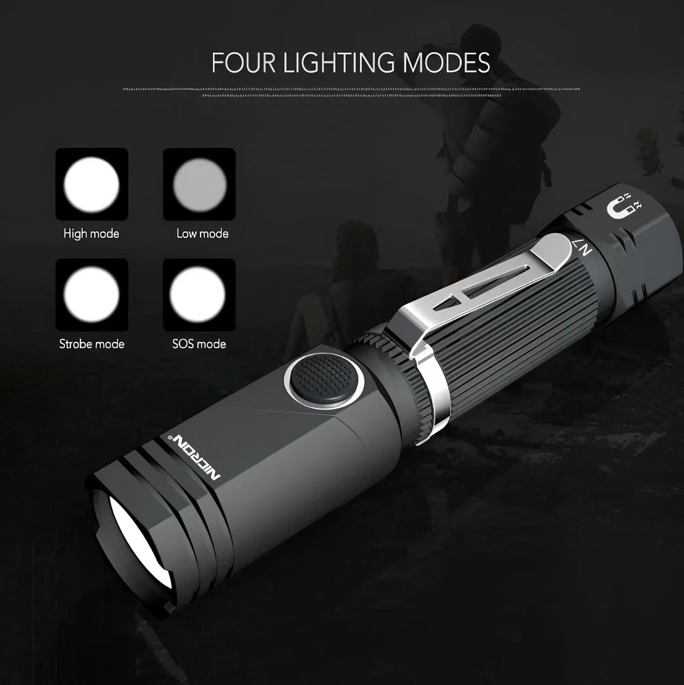 Grey black hands-free LED flashlight with magnetic base and rotary clip for mounting