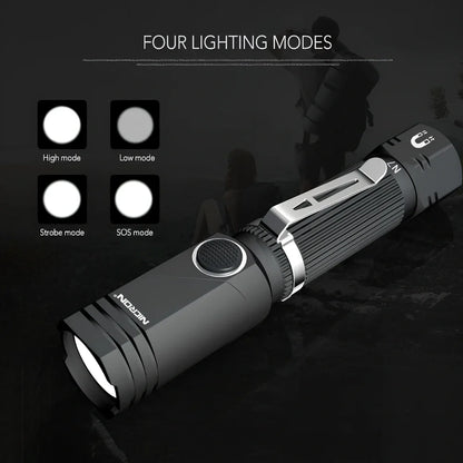 Grey black hands-free LED flashlight with magnetic base and rotary clip for mounting