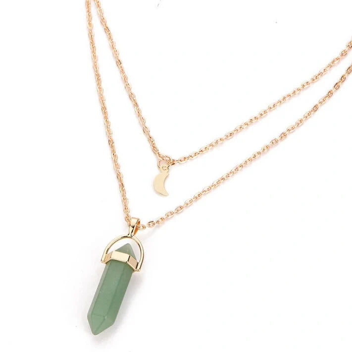 Stylish double moon natural stone pendant necklace with adjustable chain, available in multiple colors.