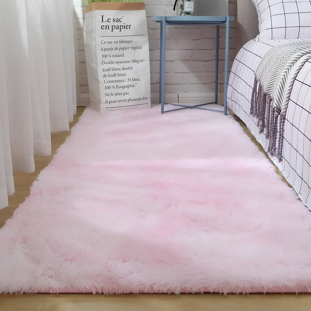 Tie-dyed variegated silk wool carpet floor mat showing organic colour patterns with polyester fibre suede backing