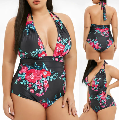 Black printed one-piece swimsuit with V-neck and adjustable straps, sizes XL to 5XL