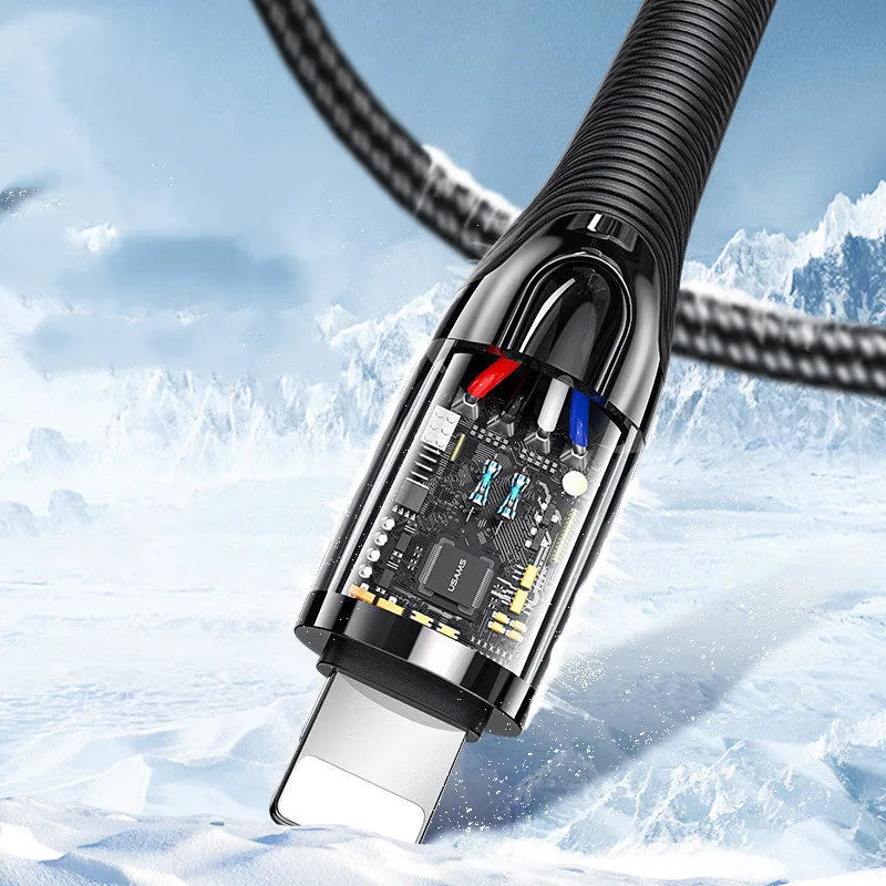 Apple-compatible iPhone 12 lightning cable with smart power-off function for automatic charging protection, featuring braided fishing line construction in black or dark green available in 1.2m or 2m lengths.