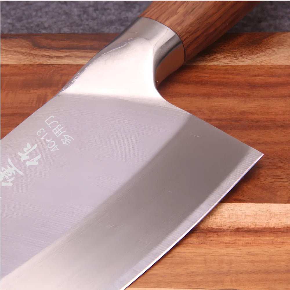 Stainless steel kitchen knife with 19.8cm blade and yellow wooden handle for food preparation