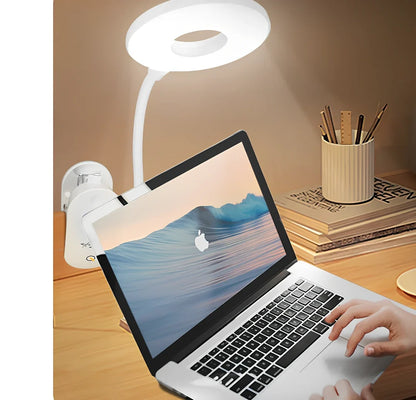 Porcelain white LED clip desk lamp with USB charging, 15cm tall for reading and eye protection