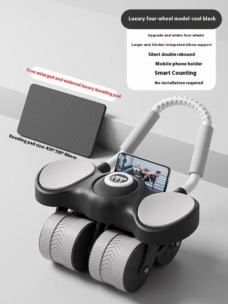 Abdominal wheel with elbow support in blue, showing automatic rebound mechanism and four-wheel design for fitness training