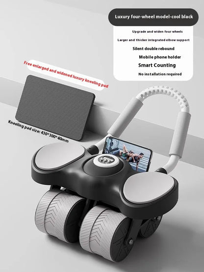 Abdominal wheel with elbow support in blue, showing automatic rebound mechanism and four-wheel design for fitness training