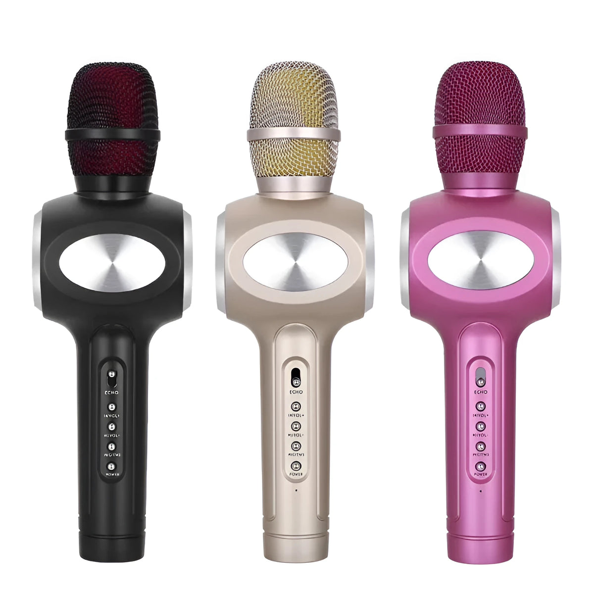Yaerjia E108 wireless mobile microphone in black, gold, or pink colour with capacitive pickup and 5W speaker output
