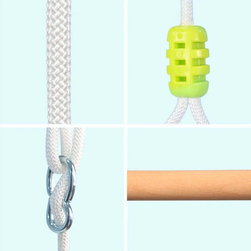 Infant Hanging Chair with blue and white canvas, adjustable ropes, and detachable cushion