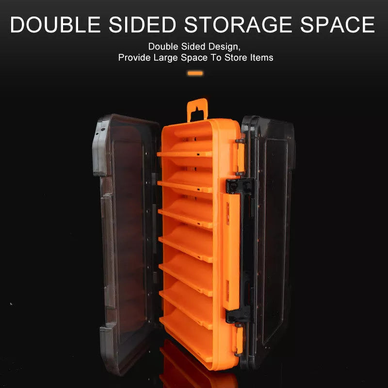 Double-layer bait storage box in vibrant orange or sky blue with Y groove and drain hole