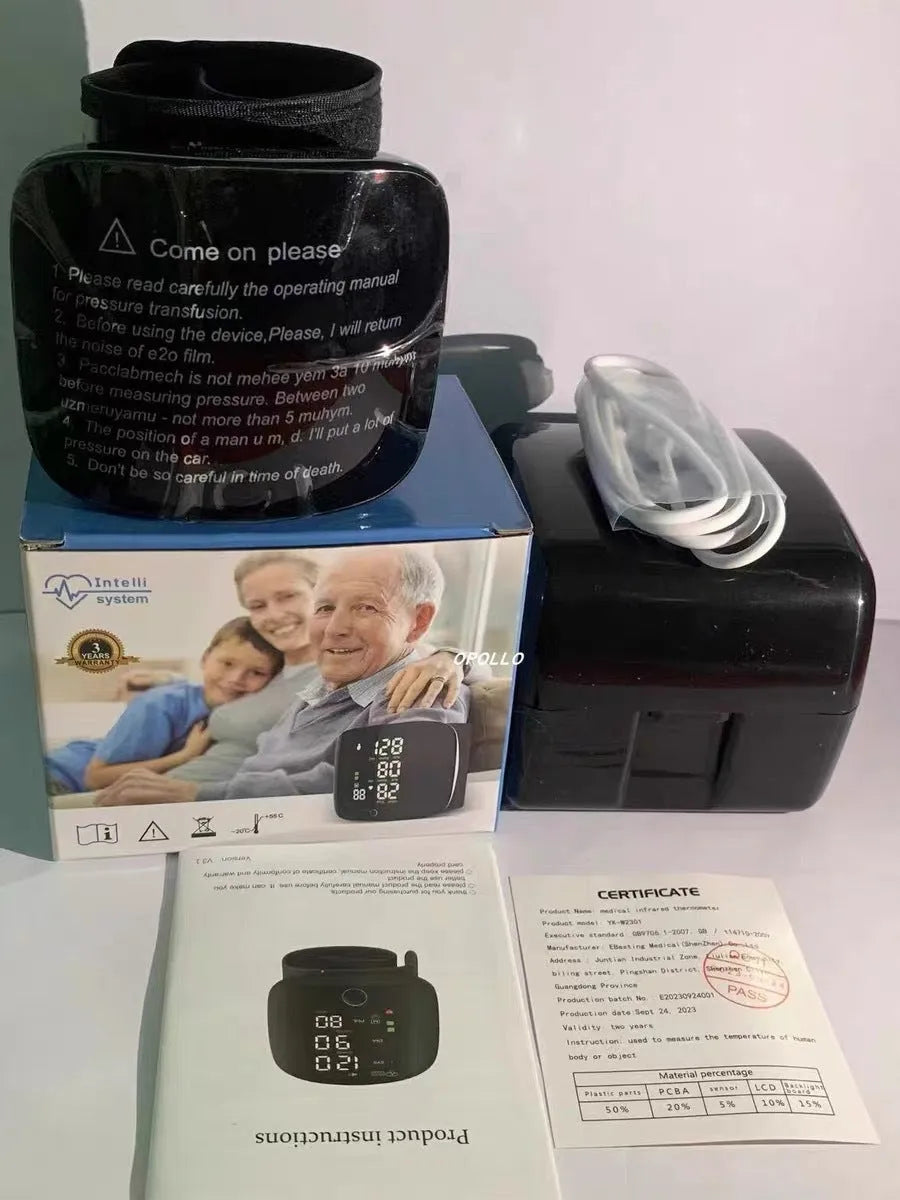 Black wrist sphygmomanometer with USB rechargeable battery and multilingual voice options for blood pressure monitoring