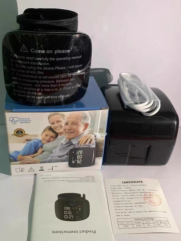 Black wrist blood pressure monitor with USB charging port and multilingual voice guidance options