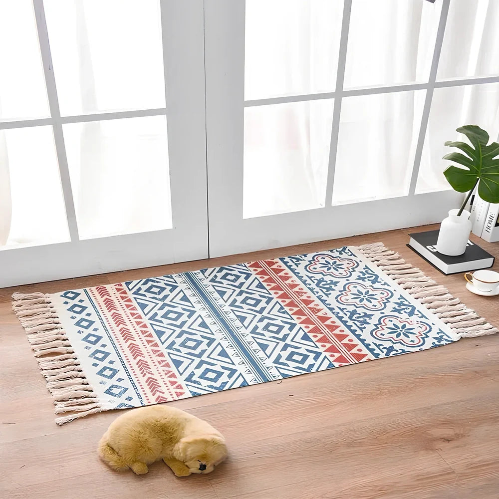 Hand-woven Scandinavian style linen cotton rug with woven tassels in plant-dyed colours measuring 60x90cm