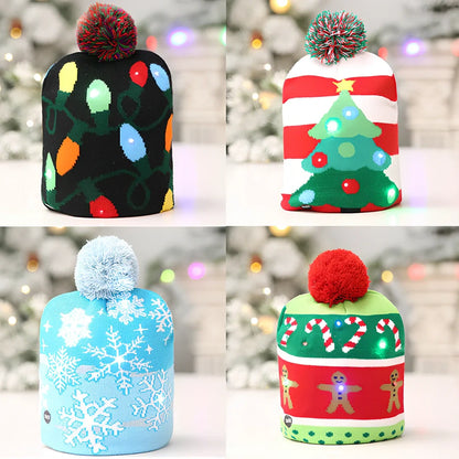 Christmas LED knitted hat with built-in lights showing flexible sizing and integrated illumination system