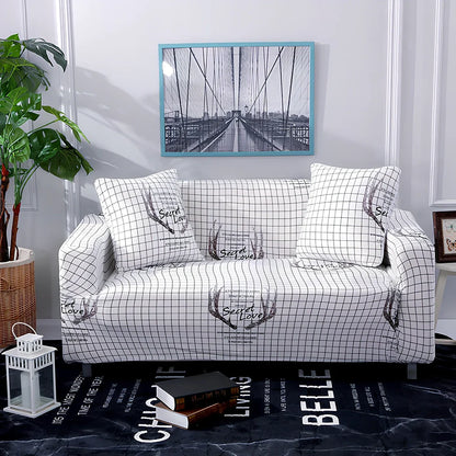 Printed geometric pattern sofa cover on double seat sofa measuring 145-185cm with spill protection