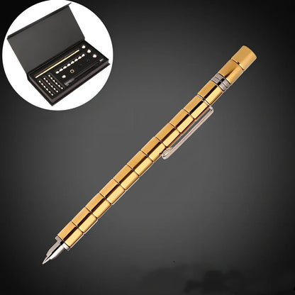 Magnetic transformation pen showing compass, spinning top, and phone stand configurations with 13 neodymium magnets