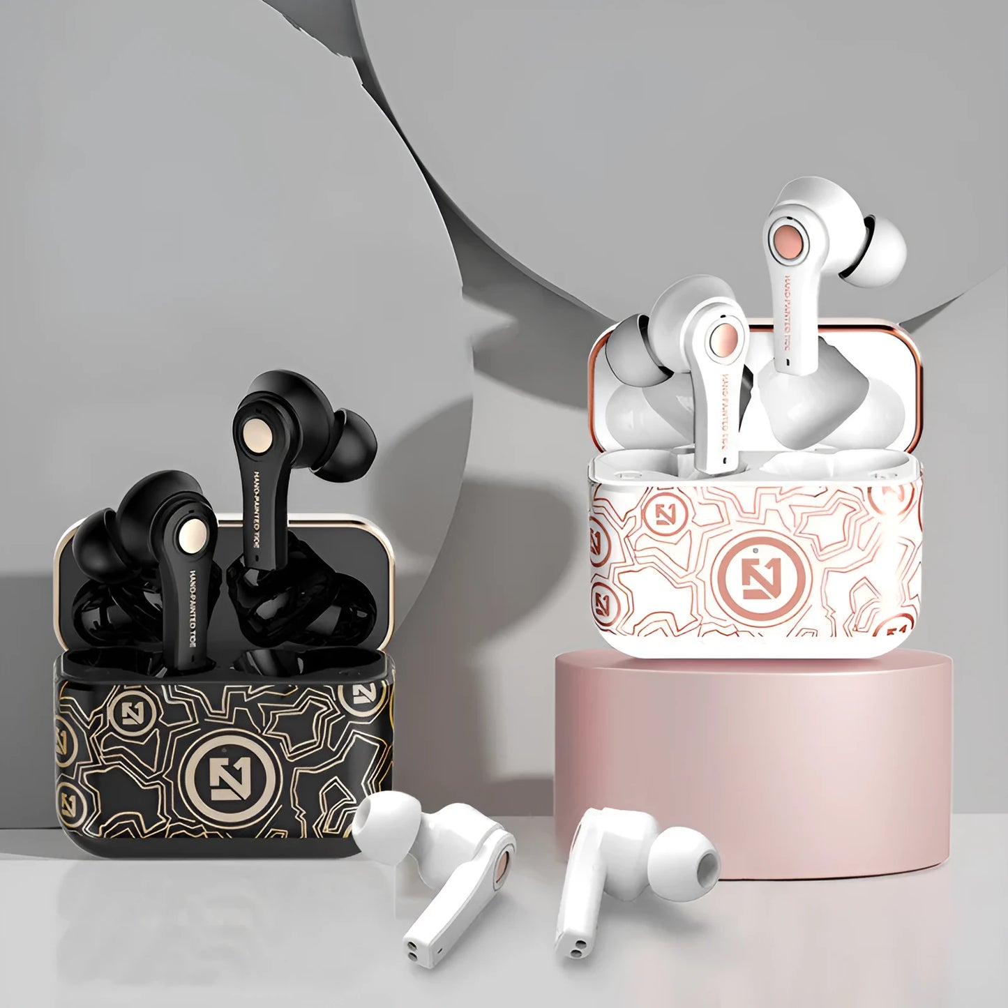 Black and white TWS wireless in-ear headphones with Bluetooth 5.0 and TYPE-C charging case
