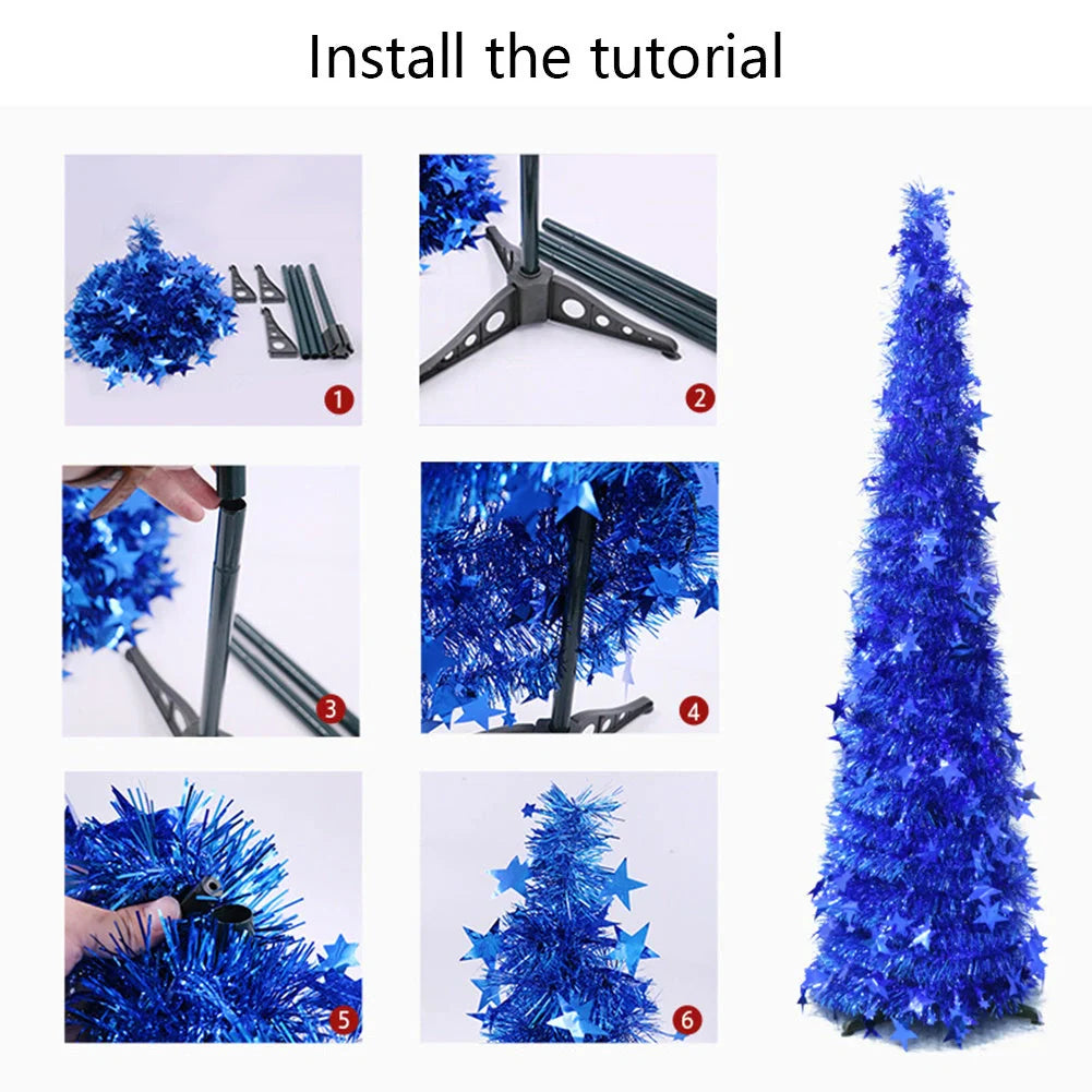 Collapsible artificial Christmas tree with sequin decorations in silver, green, gold, red, and blue options