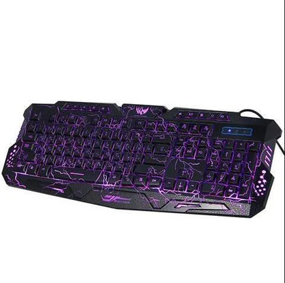 Black USB gaming keyboard with blue purple red LED backlight, 49cm x 19cm, laser-engraved keys, adjustable stand