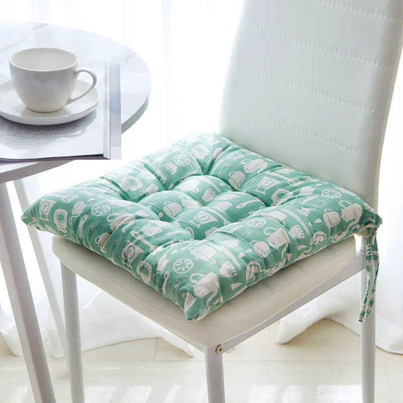 Comfortable Linen-Cotton Chair Cushion with a variety of vibrant patterns and designs, perfect for indoor and outdoor use.