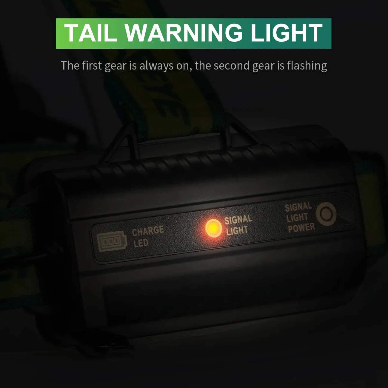 Yellow-green LED headlight with aluminium alloy and ABS plastic housing, showing USB charging port.