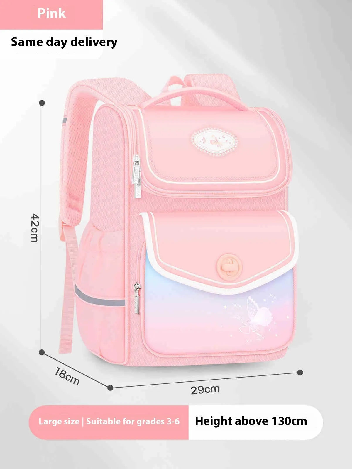 Girls' waterproof schoolbag in pink with Oxford cloth construction showing multiple compartments and padded shoulder straps