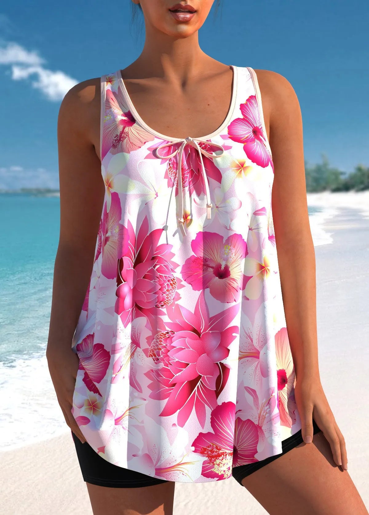 Plus size pink printed tankini swimsuit with halter top and high waist briefs