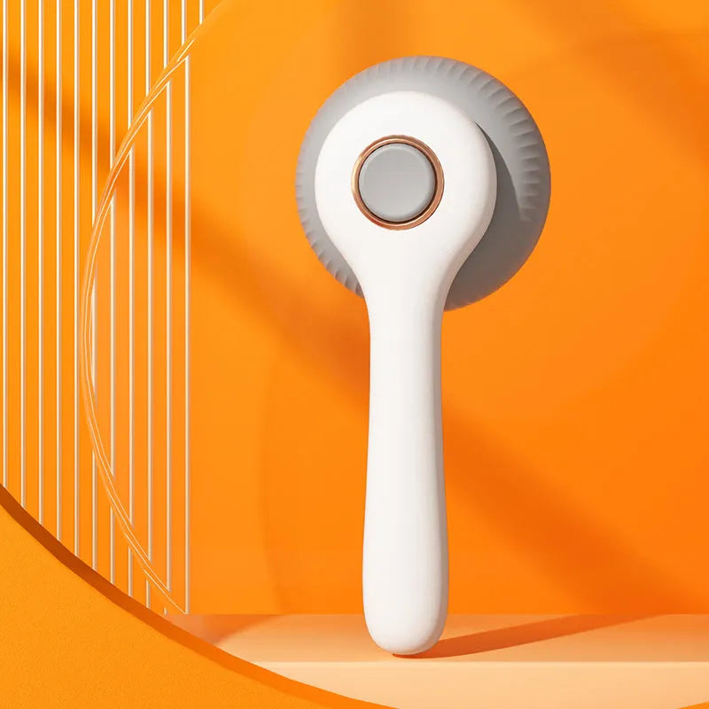 Blue and white self-cleaning pet grooming brush with massage function for cats and dogs.